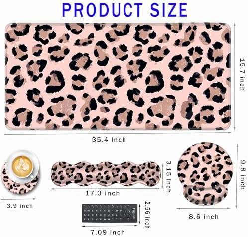 Mouse Pad,Large Pink Desk Mat, 4in1 XXL Mousepad + Keyboard Wrist Rest+Mouse Wrist Rest+Coaster Set with Ergonomic Desk Pad for Home Office Table Computer-Cute Leopard