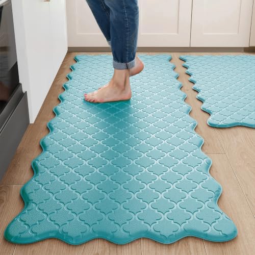Arenarug Upgrade Scalloped Embossed Kitchen Mats for Floor 2PCS Cushioned Anti Fatigue Waterproof Foam Kitchen Rugs Non Slip Washable Comfort Standing Mat for Sink Laundry, 17.3"x30"+17.3"x59", Blue