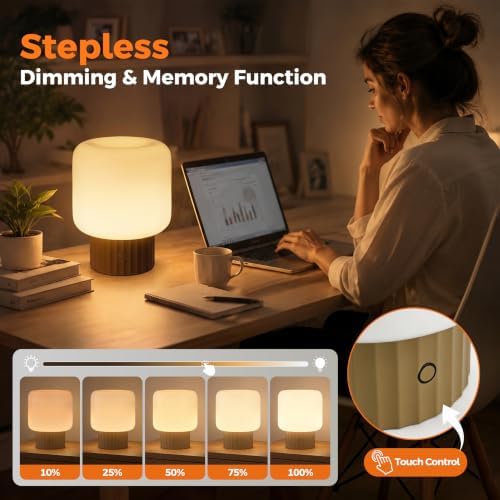 VOLISUN Mushroom Lamp, Cordless Rechargeable Table Lamp with Glass Shade, 3 Color Temperatures & Stepless Dimming, 5200mAh, Touch Control Bedside Lamps for Living Room, Bedroom, 2 Pack (Brown)