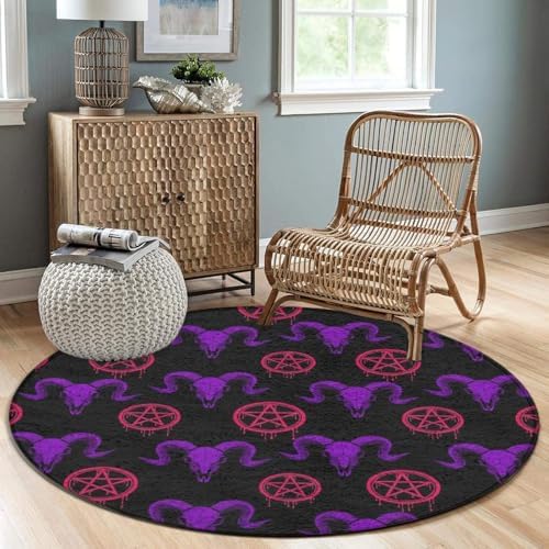 Large Home Decor Mat, Soft Round Yoga Carpet, Non Slip Machine Washable Kitchen Office Circle Rug Mystical Ram Skull, 24inch
