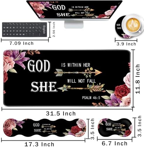Keyboard Wrist Rest and Mouse Pad with Wrist Support Set Ergonomic Coaster,Memory Foam,Easy Typing Pain Relief,Large XL Desk Mat 31.5"x 11.8",Flower Bible Verse Psalm 46-5
