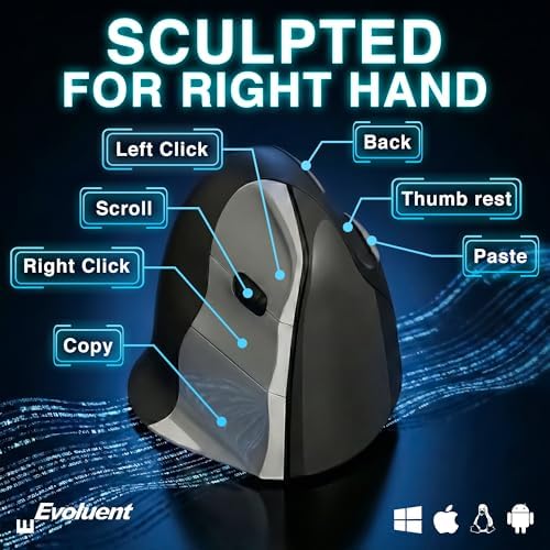 Evoluent – The World's Original Vertical Mouse – VMC Classic Wireless USB/Bluetooth Ergonomic Mouse Right Hand M-L, Sculpted Comfort, 4 Speeds, Non-Programmable Copy & Paste Buttons