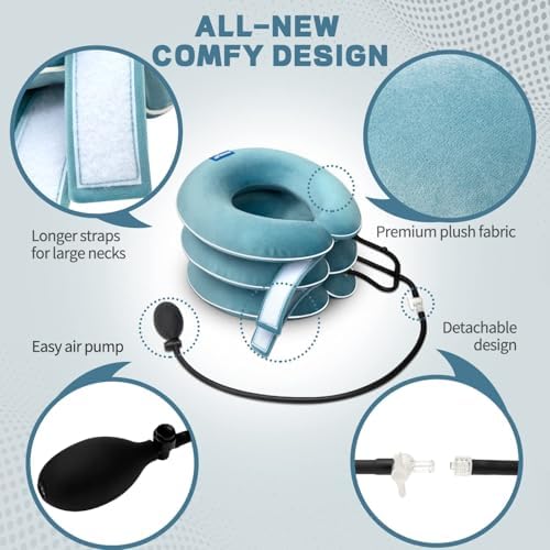 S Cervical Neck Traction Device for Neck Pain Relief - Inflatable Neck Stretcher Traction Collar for Neck Decompression - Best Home Use Neck Brace Pump (Blue Plush)