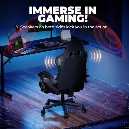 GTPLAYER ACE-PRO Music Gaming Chairs – Built-in Speakers, App Support & Bluetooth Control, Computer Game Chairs with Footrest for Adults, Ergonomic, Reclining, Linkage Armrest, Black & Red Stitch