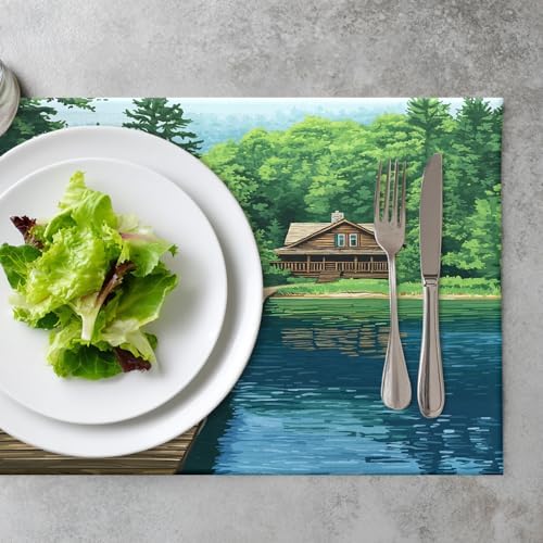 Peaceful Retreat Forest Getaway Linen Placemats, Lakeside Dwelling Wooden Abode Table Mats for Table Washable Heat Insulation Thick Dining Mat, Indoor/Outdoor 12X18 in 8 Pcs