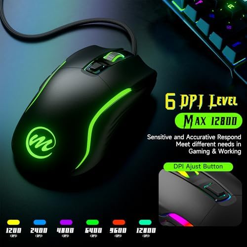 memzuoix Wired Gaming Mouse with RGB - 6 Adjustable DPI up to 12800, 6 Buttons, 12 Lighting Modes, Ergonomic Design with Anti-Slip Rubber Wheel, 5.6ft Braided Cable for PC/Mac/Windows - Black