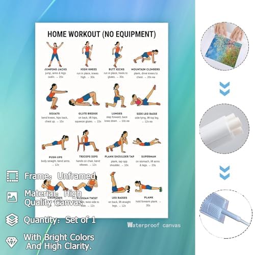 No Equipment Home Workout Poster, 16 Illustrated Full-Body Bodyweight Training Chart with Rep & Timing Guides, Beginner Friendly Full Physique Fitness Reference for Indoor Daily Cardio & Strength Building Routine(8x12inchs，Unframed)