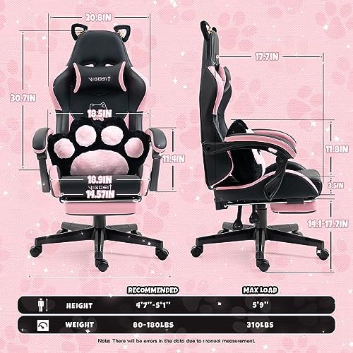 VlGOSlT Cat Ear Gaming Chair with Footrest - Adjustable Lumbar Support, 310lbs Capacity.Removable Cute Ears, Cotton-Filled Ergonomic Computer Chair for Girls/Teens (Black)