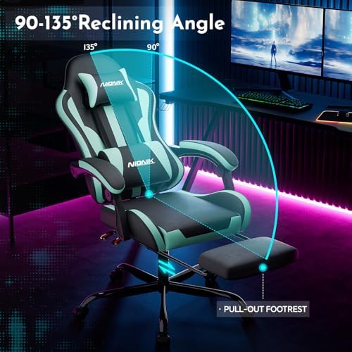Gaming Chair, Ergonomic Computer Chair with Footrest and Lumbar Support, Height Adjustable Game Chair with 360°-Swivel Seat and Headrest and for Office or Gaming BLACKMINTGREEN