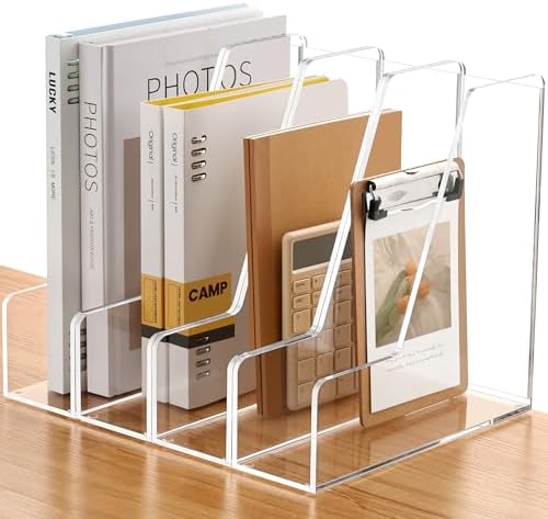 SANRUI 4 Pack Vertical File Holder, Acrylic Desk Organizer Magazine File Sorter for Magazines, Binders, Notebooks, Envelopes, Multi-purpose Clear Document Organizer Rack