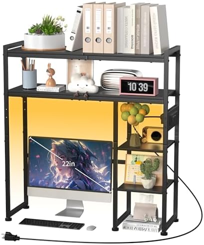 Aetheris Desktop Organizer Shelf, 30" Wooden Office Storage Rack with Outlets, Display Shelf Rack with Light Strip, 5 Tier Desktop Display Rac, Desk Shelf, Desk Hutch for Computer Monitor (Black)