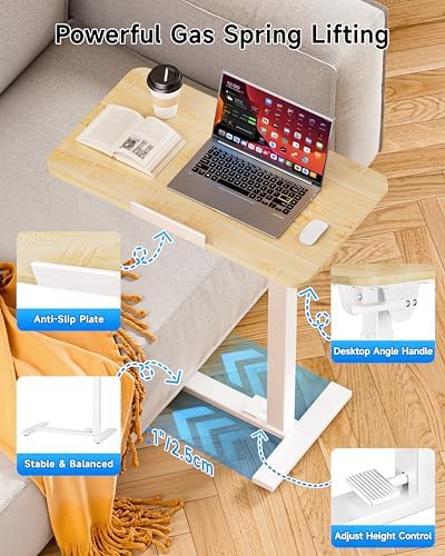 BIZUM Mobile Standing Desk Laptop Desk Pneumatic with Wheels 180° Tilt Top Hospital Bed Table Portable Rolling Cart Foldable Bedside Table for Hospital&Home Use, Maple