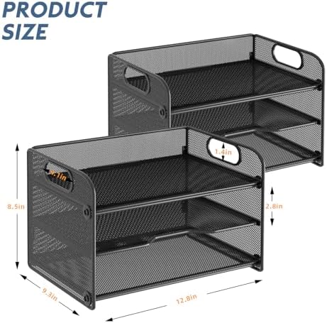 samstar 2 Pack 3 Tier Letter Tray Paper Organizer with Handle, Mesh Desk Organizer Paper Sorter File Rack Shelves, Black
