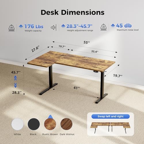 Agilestic 55 * 28 Inch Reversible L Shaped Electric Standing Desk, Brown