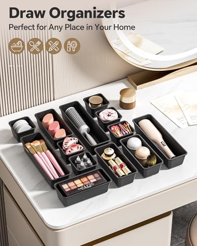 Canfanni 13 Pack Plastic Drawer Organizers Set, 3 Sizes Desk Drawer Organizer Trays for Vanity and Makeup Organizer, Organization and Storage for Makeup, Kitchen Utensils, Bathroom and Office(Black)