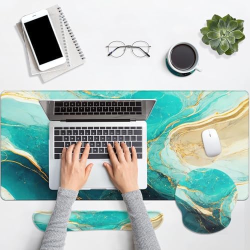 Britimes Keyboard Mouse Pad Set, 4 in 1 Desk Mat Set, Marble Green