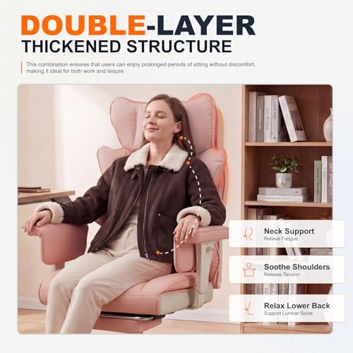 Dowinx Big and Tall Office Chair with Pocket Spring Cushion,High Back Computer Gaming Chairs with Adjustable Armrests,Executive Desk Chairs with Lumbar Support and Footrest,PU-Pink