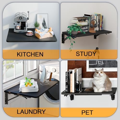 TEAMIX Wall Mounted Folding Table for Small Spaces, Black Floating Desk