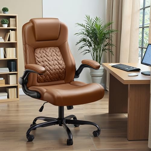 Furmax Big and Tall Office Chair 500lbs, Heavy Duty Office Chairs, Ergonomic High Back Desk Chair, Adjustable Flip Up Armrest Executive Chair Made of PU Leather, Computer Chair for Gaming Desk (brown)