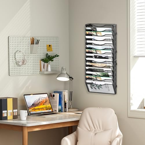 EasyPAG Wall File Organizer for Office 14 Pocket Mesh Wall Mounted Paper Organizer Hanging Folder Holder with Nametag Label for Home School, Black