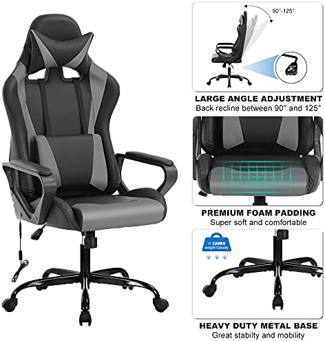 Dkeli PC Gaming Chair Office Chair Racing Desk Chair with Lumbar Support Arms Headrest Massage High Back PU Leather Ergonomic Computer Chair Rolling Adjustable Swivel Chair for Women Men Adult, Grey