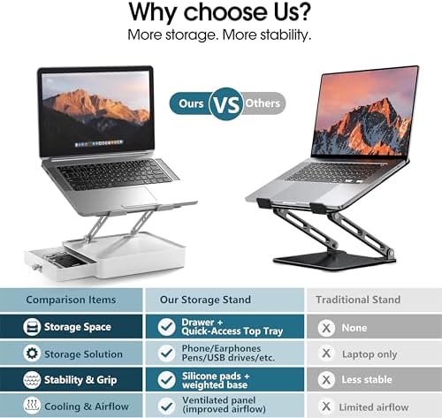 Laptop Stand with Storage Drawer, Heavy-Duty Metal Laptop Riser for Desk