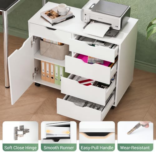 DEVAISE 5-Drawer Wood Office Cabinet, Craft Storage Cabinet, White