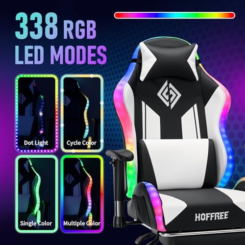 HOFFREE RGB Gaming Chair for Kids LED Computer Chair 155°Recliner-White