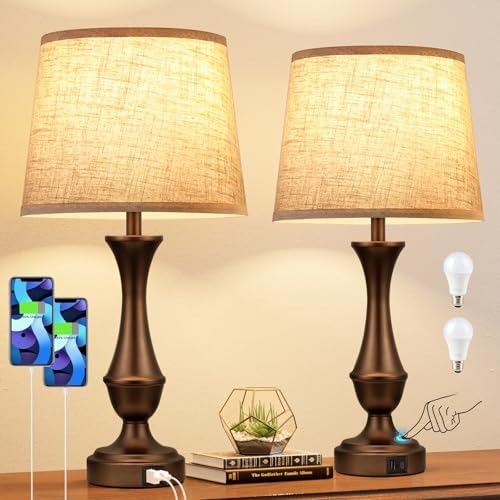 Touch Lamps for Nightstand, 3 Way Dimmable Lamps for Bedroom with USB C+A