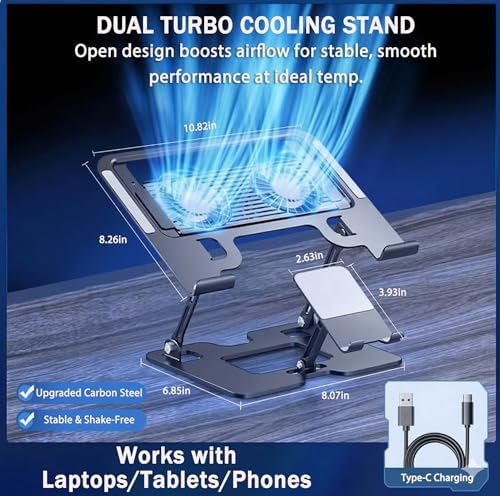 Laptop & Phone 2-in-1 Cooling Stand with Silent Fan, Adjustable Height & Angle, Carbon Steel Foldable Laptop Riser, Gaming Laptop Cooler Pad for Laptops Up to 18 Inch (Black)
