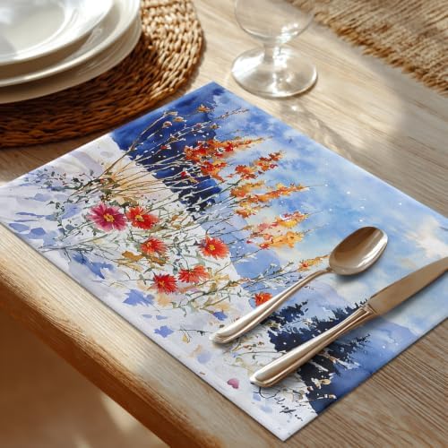 Shrahala Winter Flowers Landscape Set of 6 12 X 18 Inch Linen Placemats, Red Orange Watercolor Poppies Burlap Table Mat Washable Double Layered Heat Insulation for Indoor