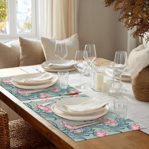Shrahala Bloom Floral Garden Set Of 4 12 X 18 Inch Linen Placemats , Flourish Ornamental Blossom Rose Burlap Table Mat Washable Double Layered Heat Insulation For Indoor/Outdoor