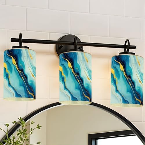 3 Pack Cylinder Glass Lamp Shade Cyan blue liquid watercolor golden stains Teal turquoise marble Covers with 1-5/8" Fitter Opening Light Fixture Replacement for Table Lamp Bathroom Vanity Light