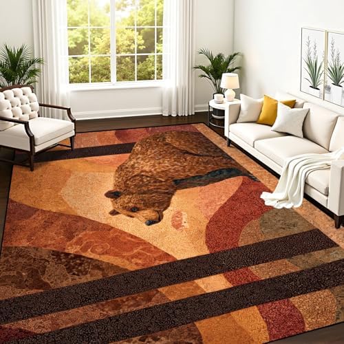 Peaceful Bear Amidst Tall Pines Soft Painted Area Rug Outdoor Patio Rug Play Mat Modern Floor Carpet Non-Slip Home Decor Living Room Kids Bedroom Nursery, 9x12 ft
