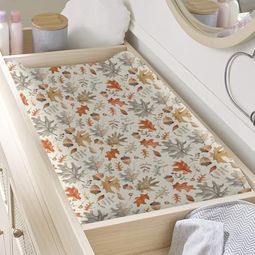 Watercolor Autumn Leaves Pattern Baby Changing Pad Cover, Unisex Fall Theme Nursery Diaper Changing Table Pad Mat Sheet for Boys Girls-16x32
