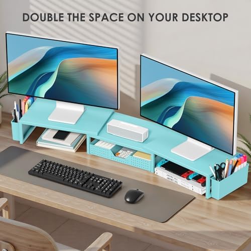 Desk Organizers and Accessories, Dual Monitor Stand Riser with Drawer and 2 Pen Holders, Desk Shelf Printer Stand for Office Workspace Organizers, Desktop Organization (Blue)