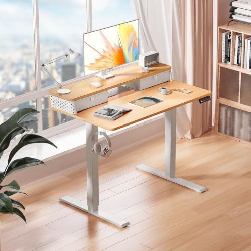 Kingant 40x24 Inch Electric Standing Desk with Dual Drawers, Nature