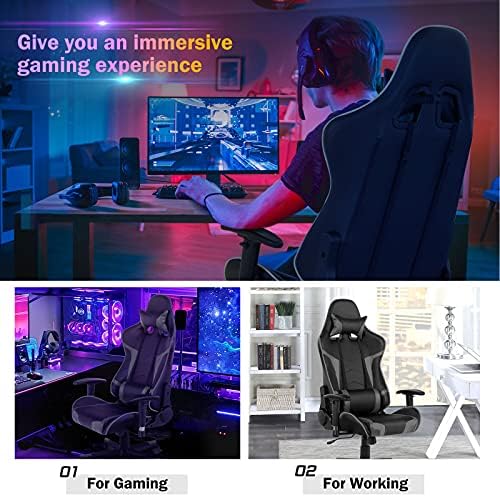 GYMAX Gaming Chair, Massage Gaming Chairs for Adults with Headrest, Lumbar Support & Armrest, Video Computer Reclining Gaming Chair, Office Desk Gamer Task Chair (Grey)