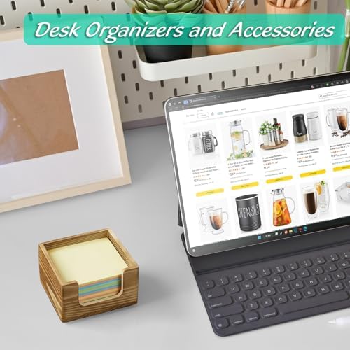 Burnt Wood Sticky Note Holder, 3 x 3 Inch Post It Note Dispenser for Office Desk Accessories, Self Stick Note Pad Holder, Memo Pad Holder Dispenser Organizer for School Office Desk Supplies