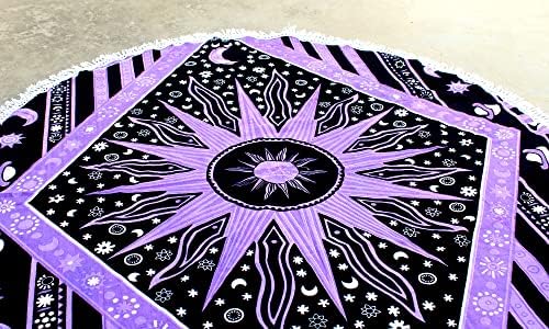 Round Beach Tapestry Turquoise Mandala Throw/Boho Hippie Beach Blanket Roundie/Indian Cotton Bohemian Large Round Table Cloth-Home Decor/Yoga Mat Meditation Picnic Rug (42", Purple)