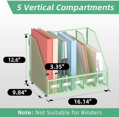 SUPEASY Desk Organizers Metal Desk Magazine File Holder with 5 Vertical Compartments Rack File Organizer for Office Desktop, Classroom, Home Workspace, Green