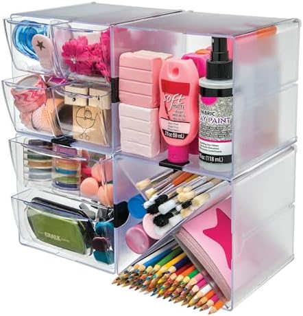 Deflecto Stackable Cube Organizer, Desk and Craft Organizer, 4 Drawers, Clear, Removable Drawers and Dividers, 6"W x 6"H x 7 1/8"D (350301CR)