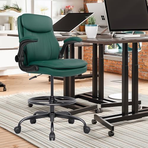 Misolant Drafting Chair, Tall Office Chair for Standing Desk, High Leather Executive Office Chair with Adjustable Height and Flip-up Armrest for Counter Height Desk Green