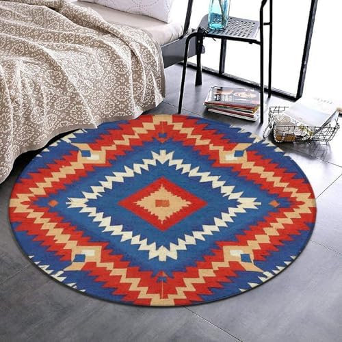 Soft Round Yoga Carpet, Large Home Decor Mat, Non Slip Machine Washable Kitchen Office Circle Rug Aztec Red Blue