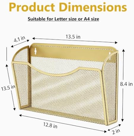 Gawerk Mesh Hanging Wall File Holders, Metal Vertical Wall Basket Mail Organizer for Office/Home (Gold, 6 Pack Wall Mounted)