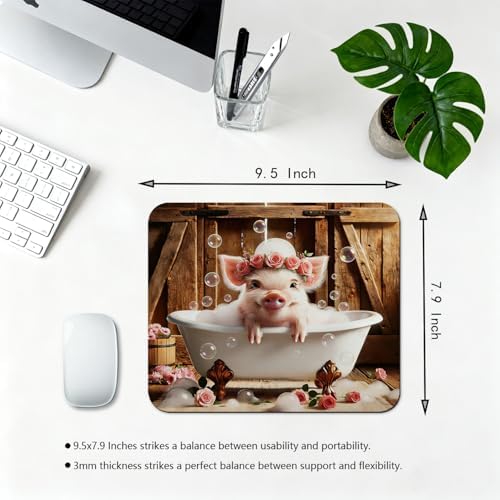 9.5x7.9 Inch Office/Gaming Mouse Pad, Lovely Whimsical Piglet in Bathtub Adorable Floral Pig Sweet Farmhouse Bath Time, Cute Anti-Slip Mat for Desk Decor