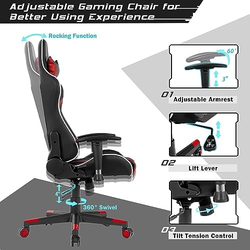 DORTALA Ergonomic Gaming Chair, High-Back Racing Chair w/Massage Lumbar Support, Extra Power Bank Pocket, 360° Swivel, Adjustable Backrest & Armrest, for Office, Game Room (Red)