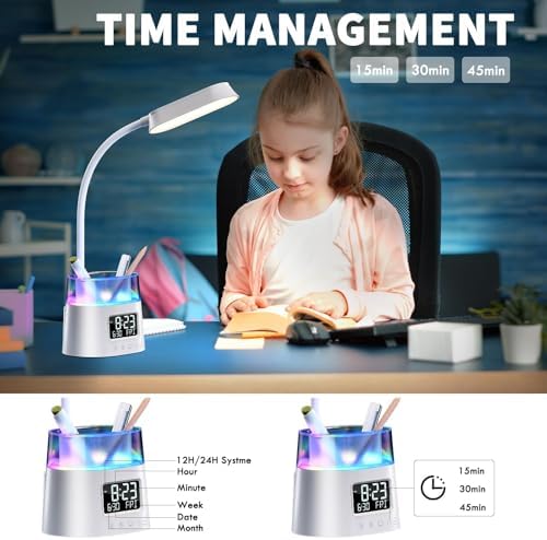 Led Desk Lamp with Pen Holder, Touch Lamps for Nightstand with 3 Color Modes, Eye-Caring Bedside Reading Light with Clock, Office Lamps Stepless Dimming, Lamp for Dorm Room, Suitable for Kid/Girl/Boy