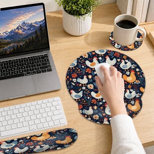Rooster Hen Wrist Rest Support for Mouse Pad Keyboard Set, Flower Mouse Pad with Non Slip Rubber Base for Home and Office Typing Support