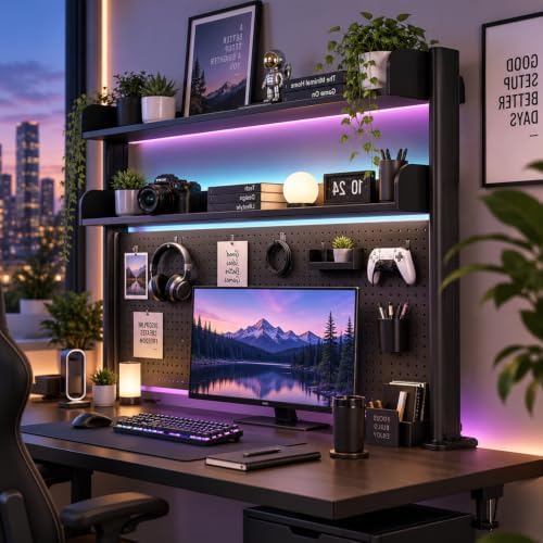 Clamp On Desk Pegboard Shelf - Metal Desktop Organizer Hutch with 2 Shelves
